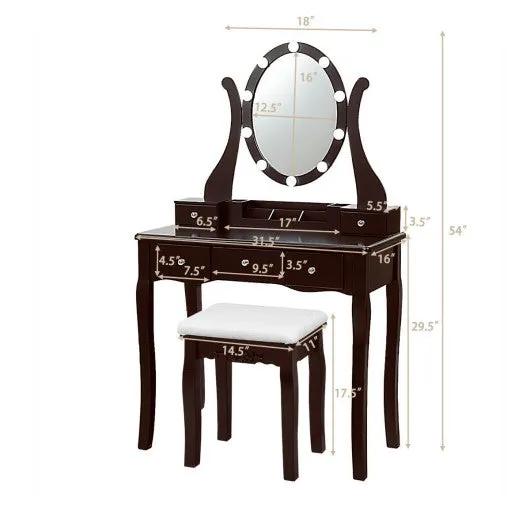 10 Dimmable Lights Vanity Table Set with Lighted Mirror and Cushioned Stool-Coffee