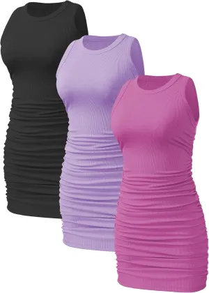 3 Pack Womens Sleeveless Summer Dress Crew Neck Slim Fit Ribbed Stretch Ruched Bodycon Casual Mini Dresses