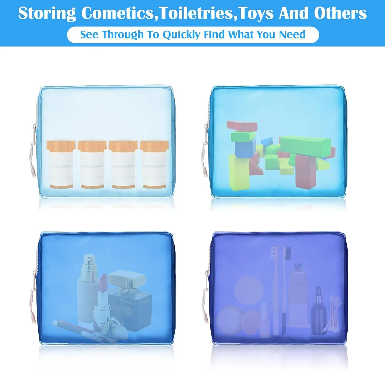 4 Pack TSA Approved Travel Toiletry Bags Frosted Translucent Leak-proof Cosmetic Makeup Bags for Women Men Travel Organizer Airport Security(Blue,6.7 x 5.5 x 1.8 Inch)