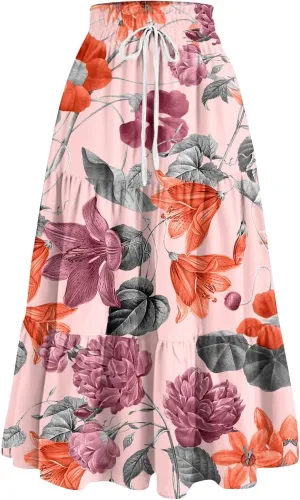 ADHOWBEW Boho Skirts for Women Flowy Trendy Beach Midi Length Plus Size Ruffle A Line Casual Cute High Waisted Spring Skirts