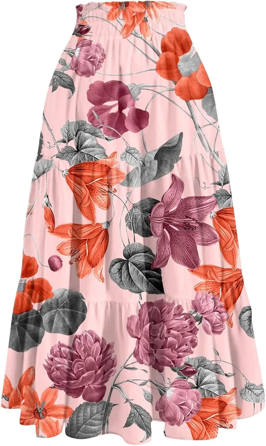 ADHOWBEW Boho Skirts for Women Flowy Trendy Beach Midi Length Plus Size Ruffle A Line Casual Cute High Waisted Spring Skirts