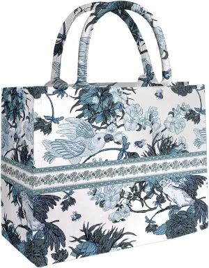 Aesthetic Boho Tote Bag for Women Medium Reusable Grocery Vintage Floral Bag with Flowers Bird for Shopping Traveling