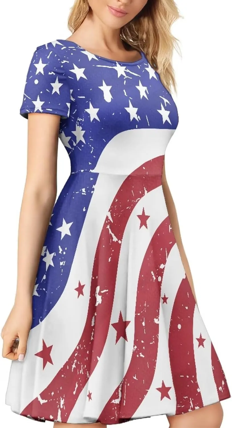 AFPANQZ Womens Casual Summer Lightweight Vintage Dress Short Sleeve Midi Dress Knee-Long Luxury Formal Dress