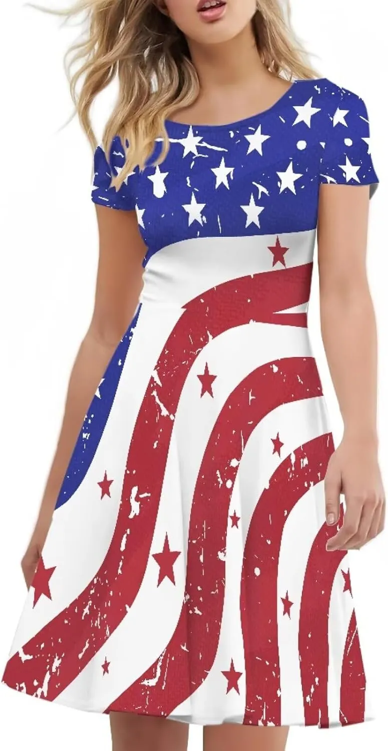 AFPANQZ Womens Casual Summer Lightweight Vintage Dress Short Sleeve Midi Dress Knee-Long Luxury Formal Dress