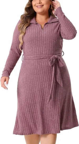 Agnes Orinda Plus Size Dress for Women Ribbed Sweater Half Zip Front Long Sleeve Tie Waist Knit Midi Dresses with Belt