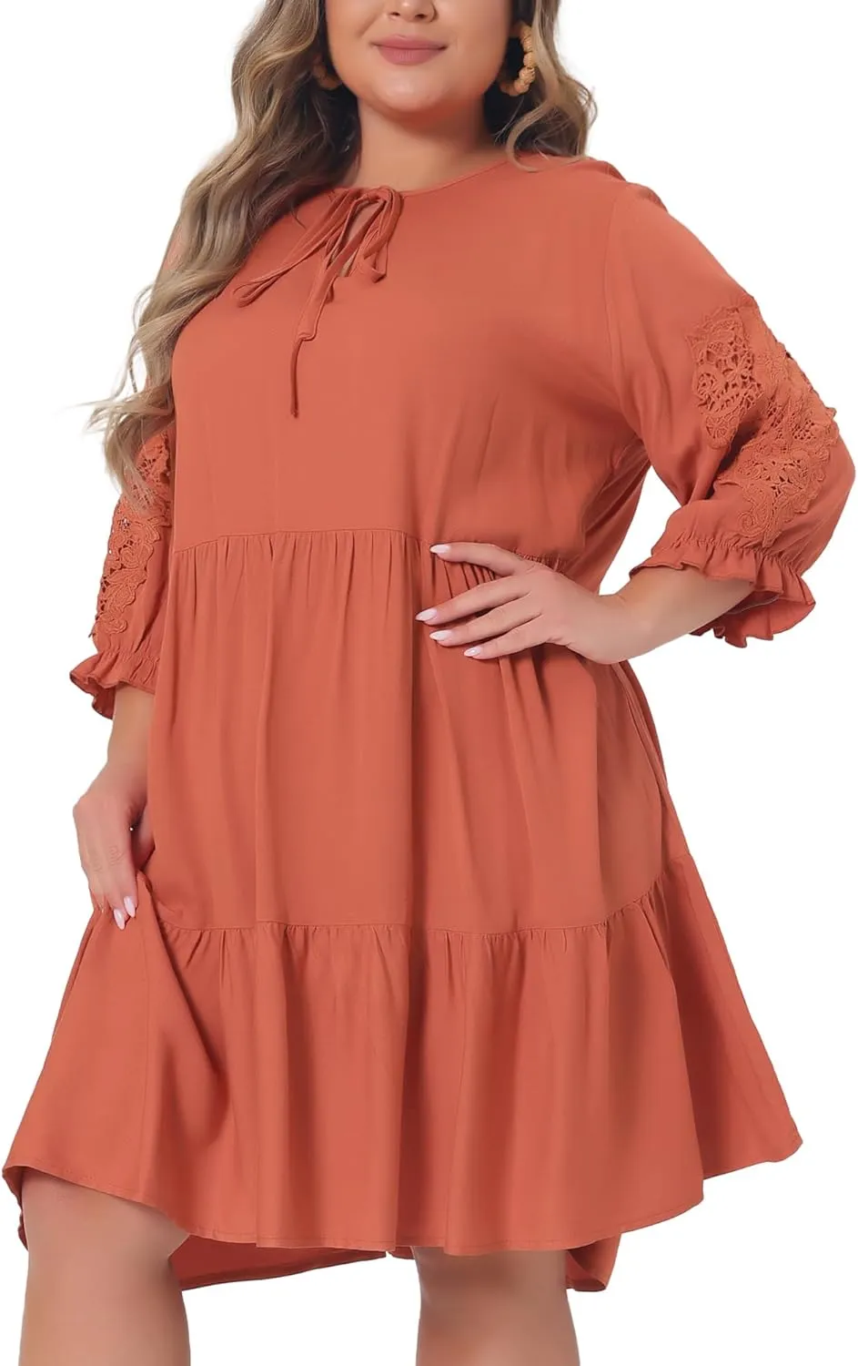 Agnes Orinda Plus Size Summer Dress for Womens Tie Neck Lace Sleeve Casual Ruffle Midi Flowy Dresses