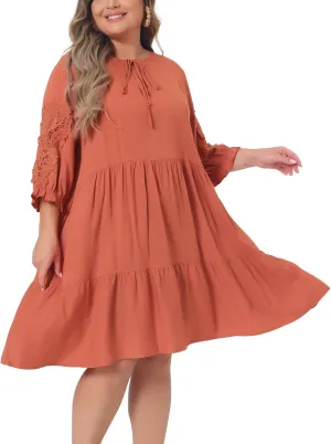 Agnes Orinda Plus Size Summer Dress for Womens Tie Neck Lace Sleeve Casual Ruffle Midi Flowy Dresses
