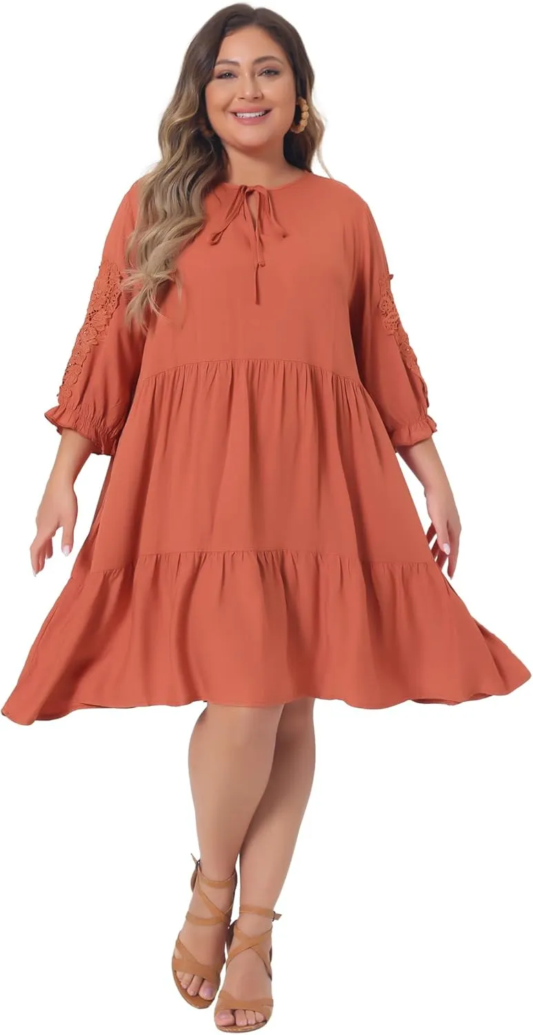 Agnes Orinda Plus Size Summer Dress for Womens Tie Neck Lace Sleeve Casual Ruffle Midi Flowy Dresses