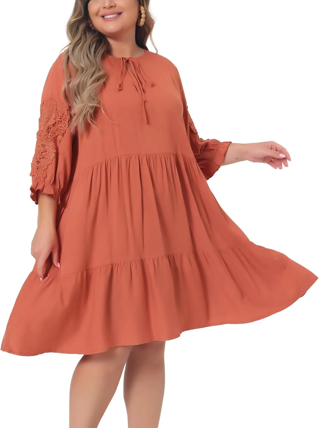 Agnes Orinda Plus Size Summer Dress for Womens Tie Neck Lace Sleeve Casual Ruffle Midi Flowy Dresses