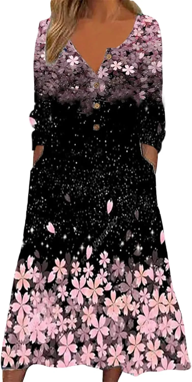Akivide Women's Button Down V Neck Midi Tshirt Dress Plus Size Boho Summer 3/4 Sleeve Beach Dresses with Pockets 2024