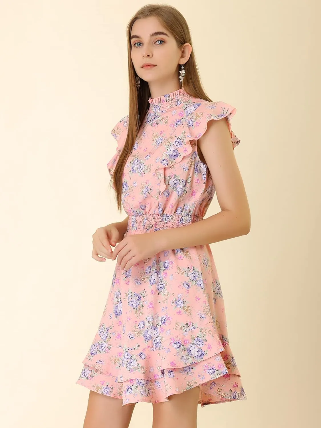 Allegra K Women's Floral Mock Neck Sleeveless Tiered Layered Flowy Smocked Waist Ruffle Mini Dress