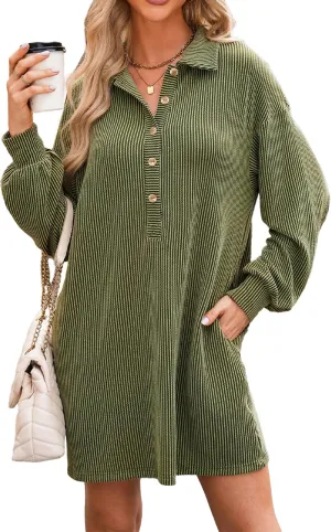 AlvaQ Womens Long Sleeve Dress Loose Button Front Lapel Collared Ribbed Knit Mini Dresses with Pockets
