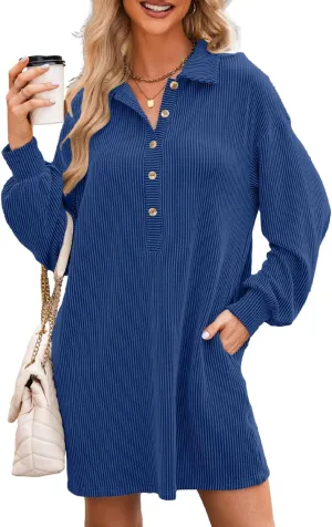 AlvaQ Womens Long Sleeve Dress Loose Button Front Lapel Collared Ribbed Knit Mini Dresses with Pockets