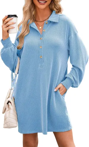 AlvaQ Womens Long Sleeve Dress Loose Button Front Lapel Collared Ribbed Knit Mini Dresses with Pockets
