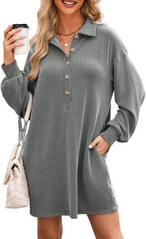 AlvaQ Womens Long Sleeve Dress Loose Button Front Lapel Collared Ribbed Knit Mini Dresses with Pockets