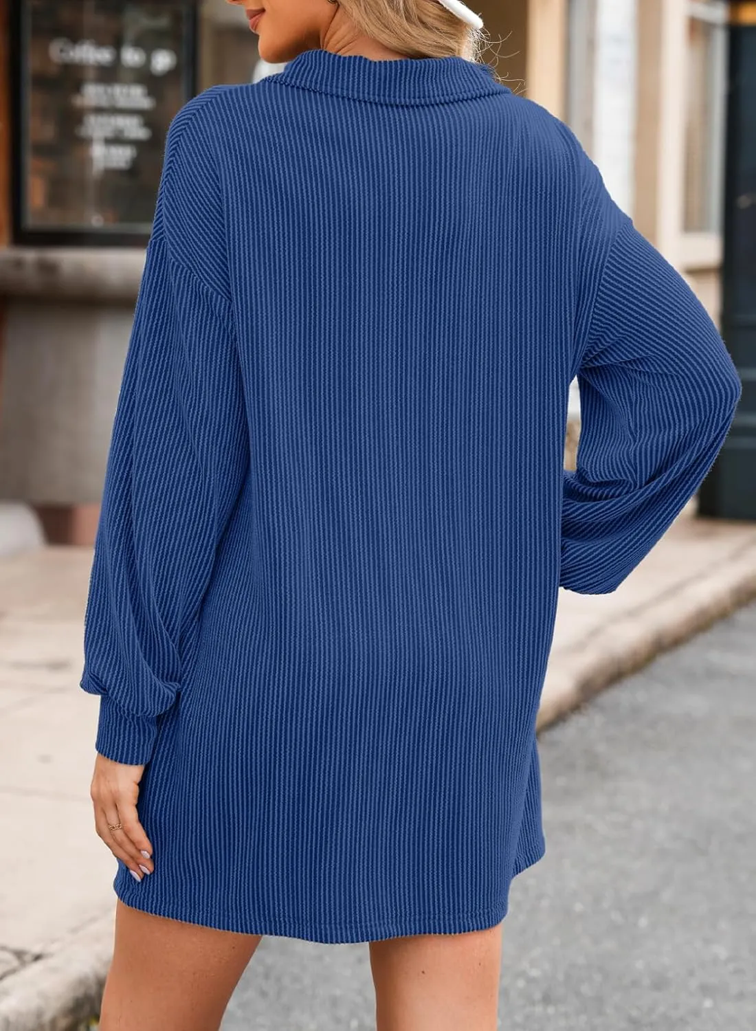 AlvaQ Womens Long Sleeve Dress Loose Button Front Lapel Collared Ribbed Knit Mini Dresses with Pockets