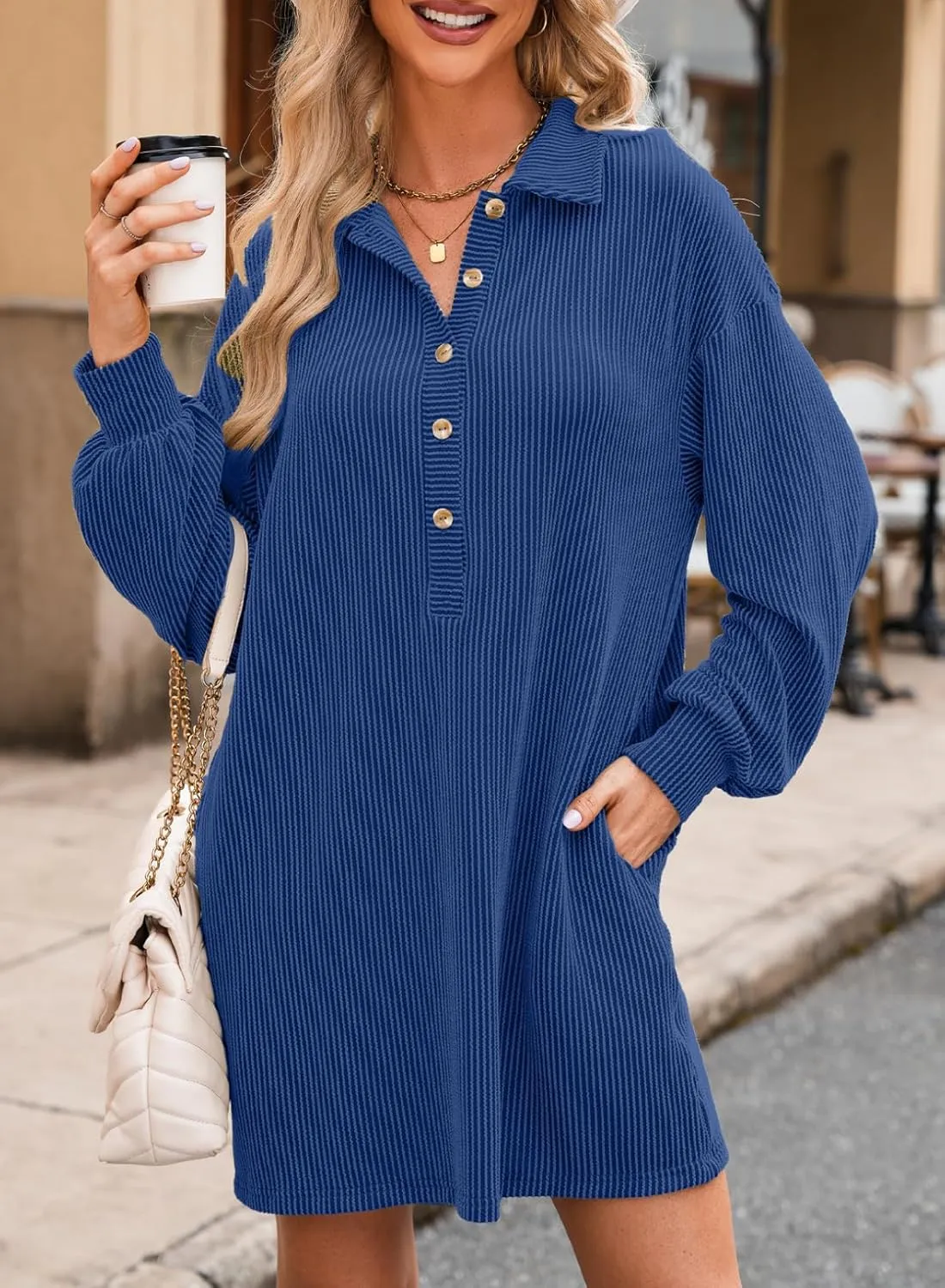 AlvaQ Womens Long Sleeve Dress Loose Button Front Lapel Collared Ribbed Knit Mini Dresses with Pockets