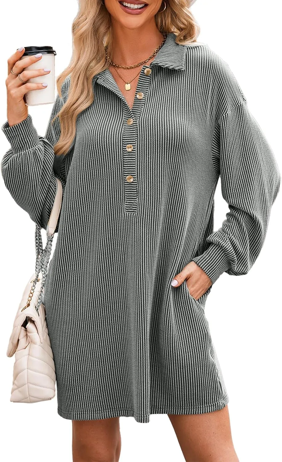 AlvaQ Womens Long Sleeve Dress Loose Button Front Lapel Collared Ribbed Knit Mini Dresses with Pockets