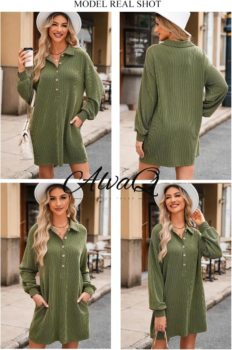 AlvaQ Womens Long Sleeve Dress Loose Button Front Lapel Collared Ribbed Knit Mini Dresses with Pockets