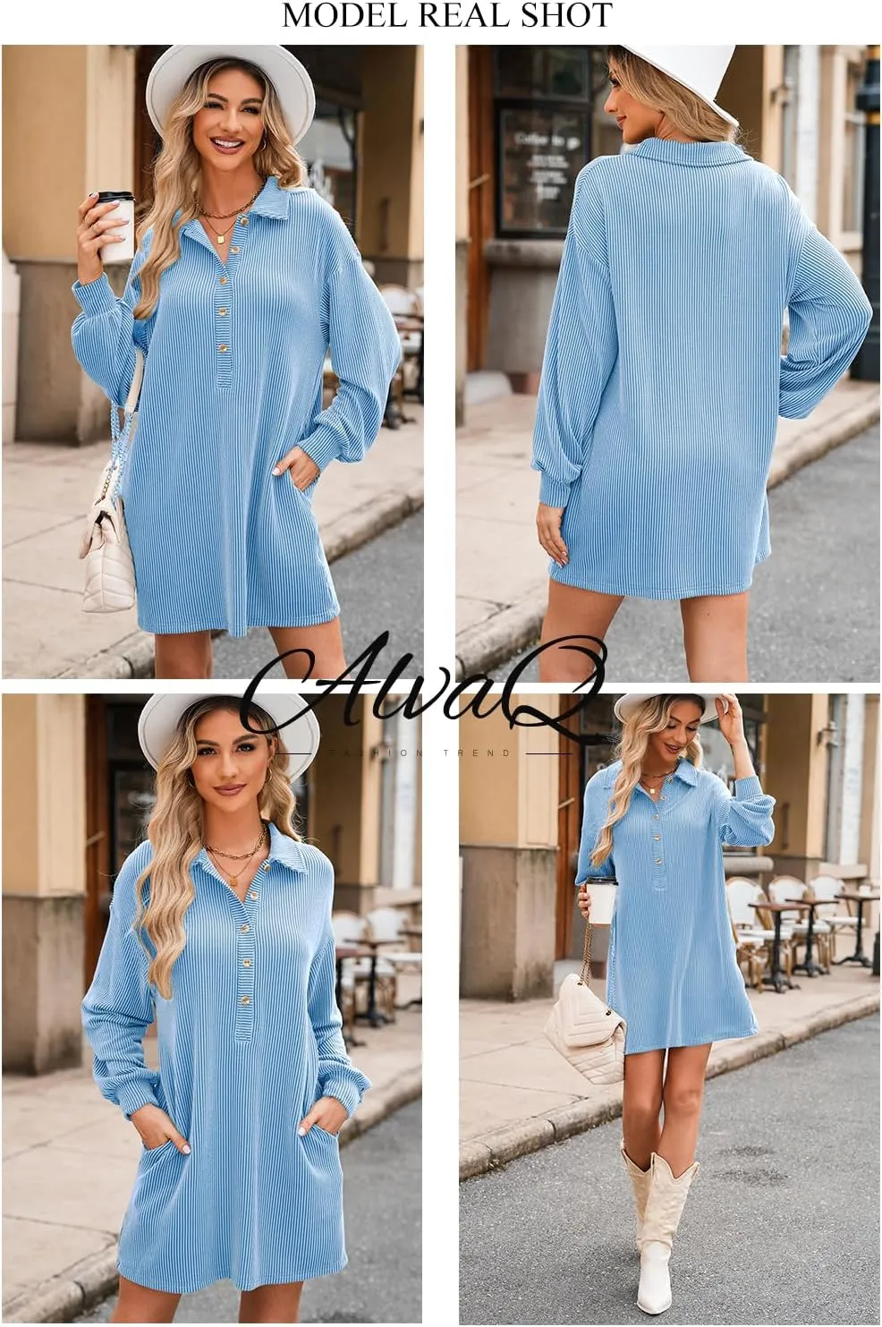 AlvaQ Womens Long Sleeve Dress Loose Button Front Lapel Collared Ribbed Knit Mini Dresses with Pockets