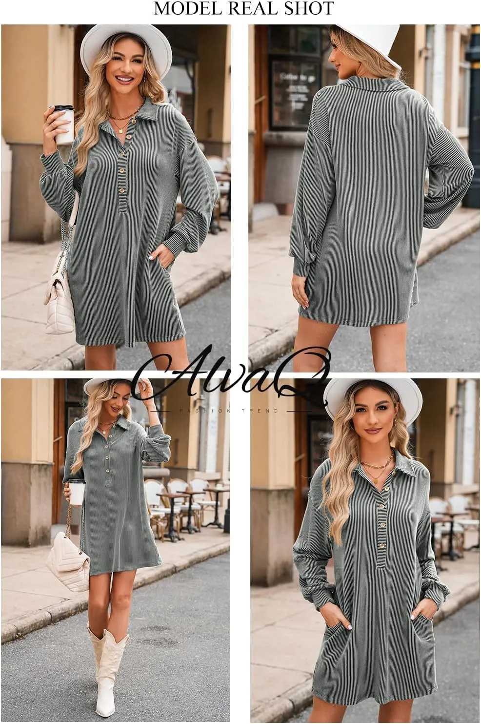 AlvaQ Womens Long Sleeve Dress Loose Button Front Lapel Collared Ribbed Knit Mini Dresses with Pockets