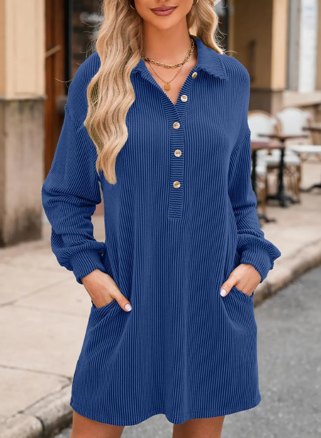 AlvaQ Womens Long Sleeve Dress Loose Button Front Lapel Collared Ribbed Knit Mini Dresses with Pockets