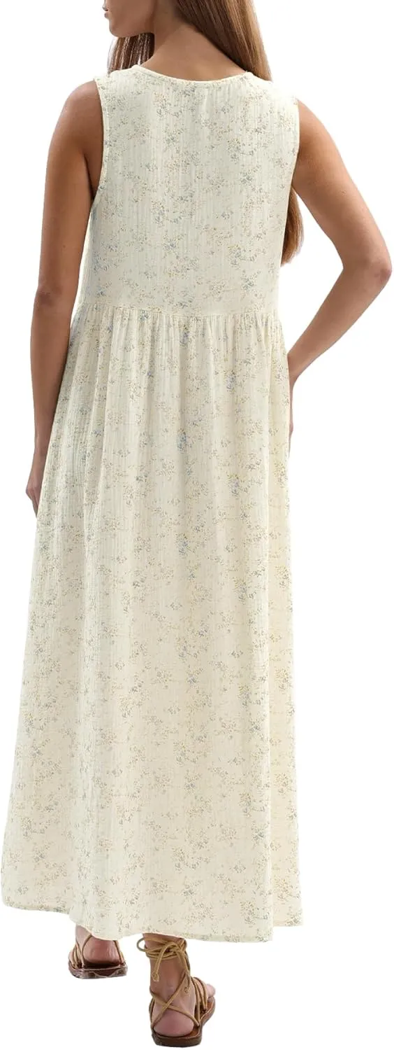 Amazhiyu Womens Cotton Gauze Floral Tie Front Crew Neck Sleeveless Maxi Dress