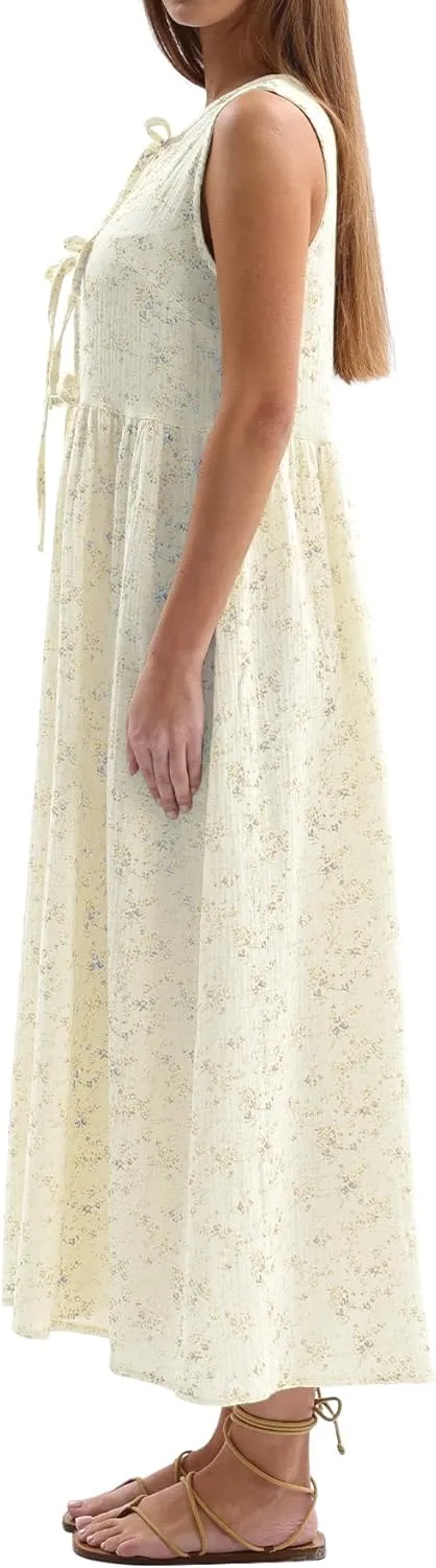 Amazhiyu Womens Cotton Gauze Floral Tie Front Crew Neck Sleeveless Maxi Dress