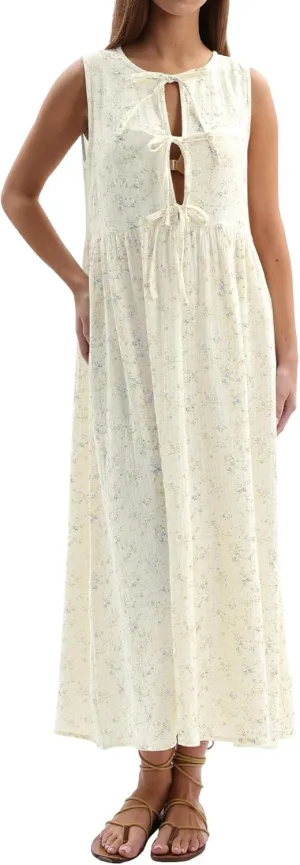 Amazhiyu Womens Cotton Gauze Floral Tie Front Crew Neck Sleeveless Maxi Dress