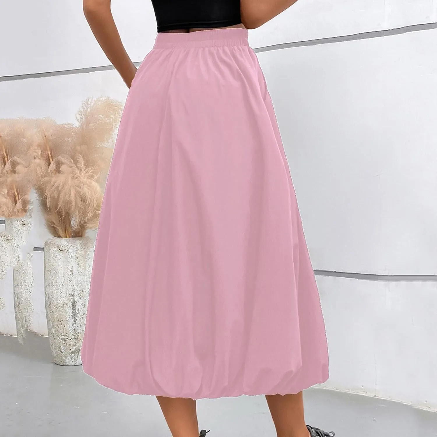 Ankle Length Skirt for Women Summer Beach Casual Elastic High Waisted Maxi Skirt Puff Long Skirts with Pockets