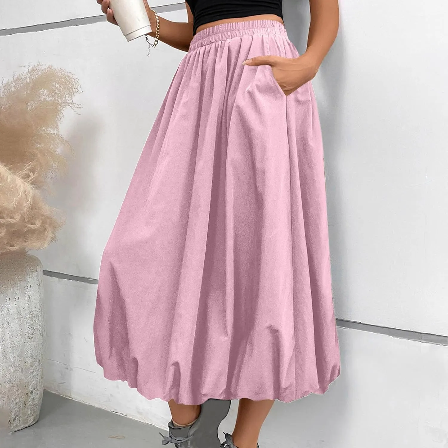 Ankle Length Skirt for Women Summer Beach Casual Elastic High Waisted Maxi Skirt Puff Long Skirts with Pockets