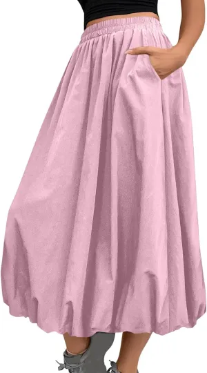 Ankle Length Skirt for Women Summer Beach Casual Elastic High Waisted Maxi Skirt Puff Long Skirts with Pockets
