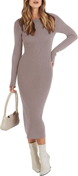 ANRABESS Women Long Sleeve Crewneck Sweater Dress Ribbed Knit Stretch Slim Fit Bodycon Midi Dresses Fall Fashion Outfits