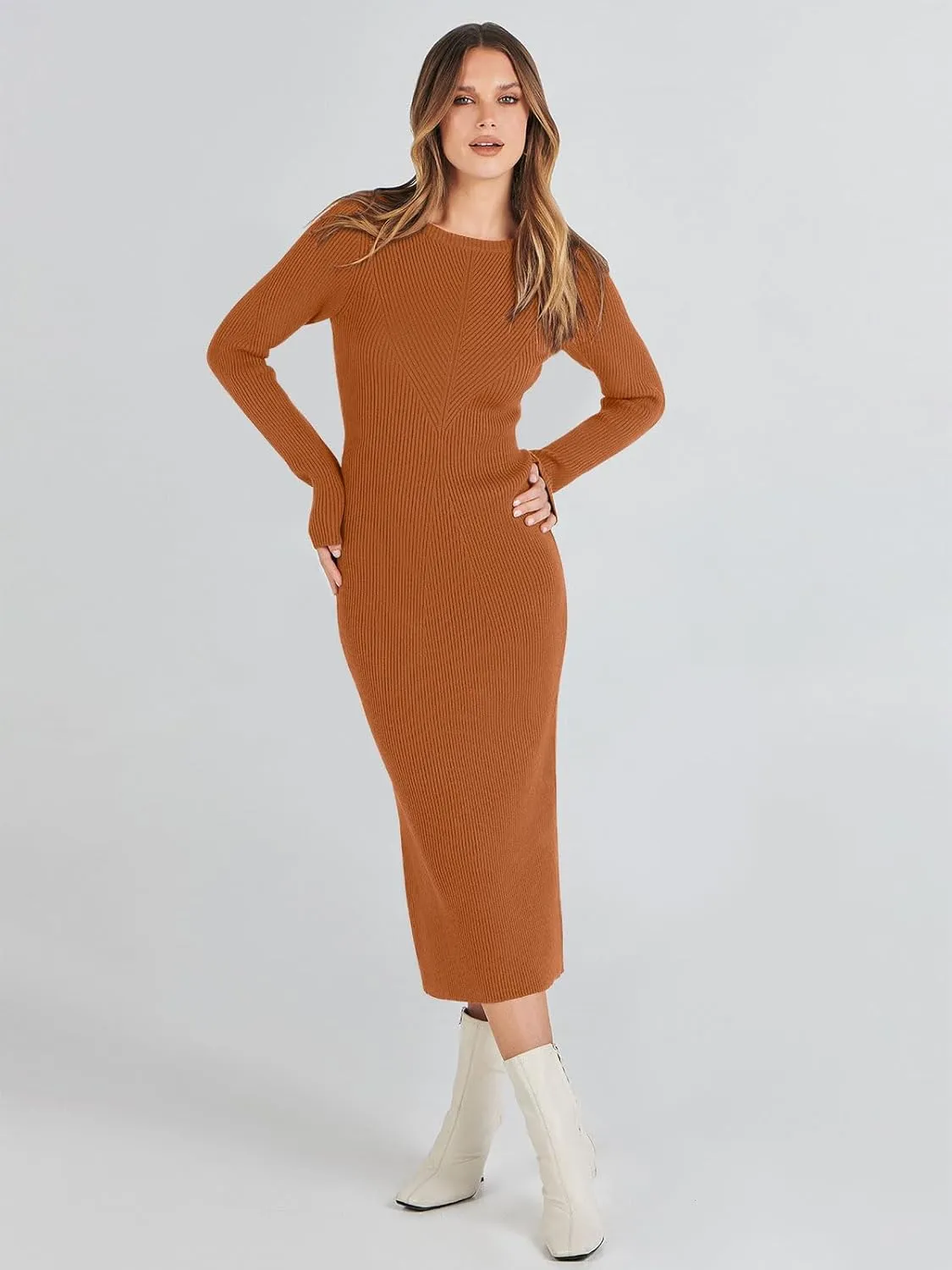 ANRABESS Women Long Sleeve Crewneck Sweater Dress Ribbed Knit Stretch Slim Fit Bodycon Midi Dresses Fall Fashion Outfits