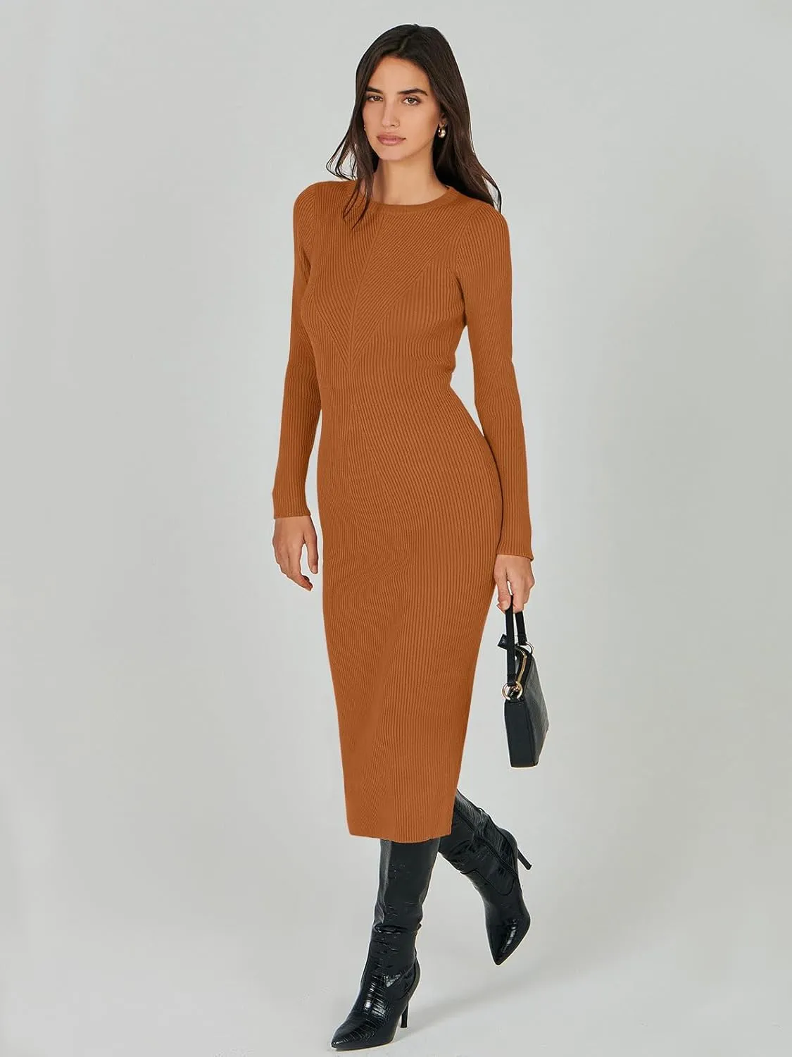 ANRABESS Women Long Sleeve Crewneck Sweater Dress Ribbed Knit Stretch Slim Fit Bodycon Midi Dresses Fall Fashion Outfits