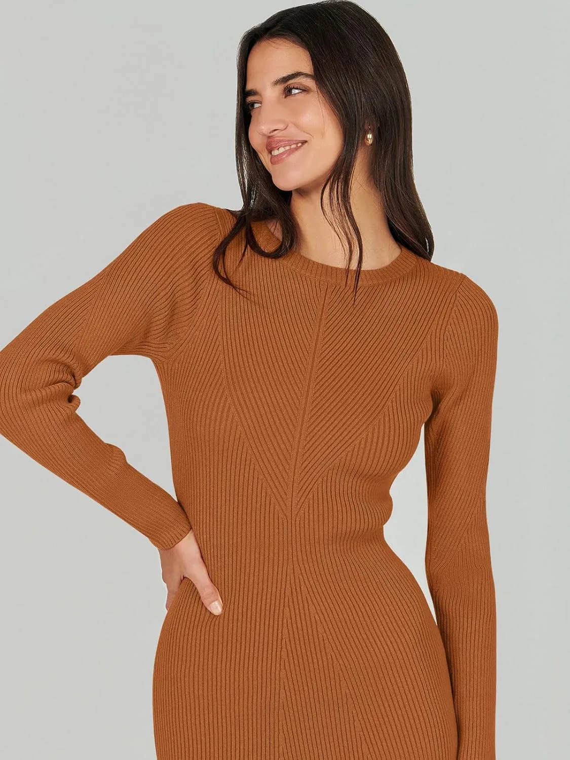 ANRABESS Women Long Sleeve Crewneck Sweater Dress Ribbed Knit Stretch Slim Fit Bodycon Midi Dresses Fall Fashion Outfits