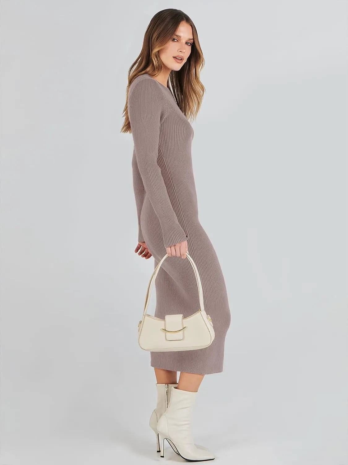 ANRABESS Women Long Sleeve Crewneck Sweater Dress Ribbed Knit Stretch Slim Fit Bodycon Midi Dresses Fall Fashion Outfits