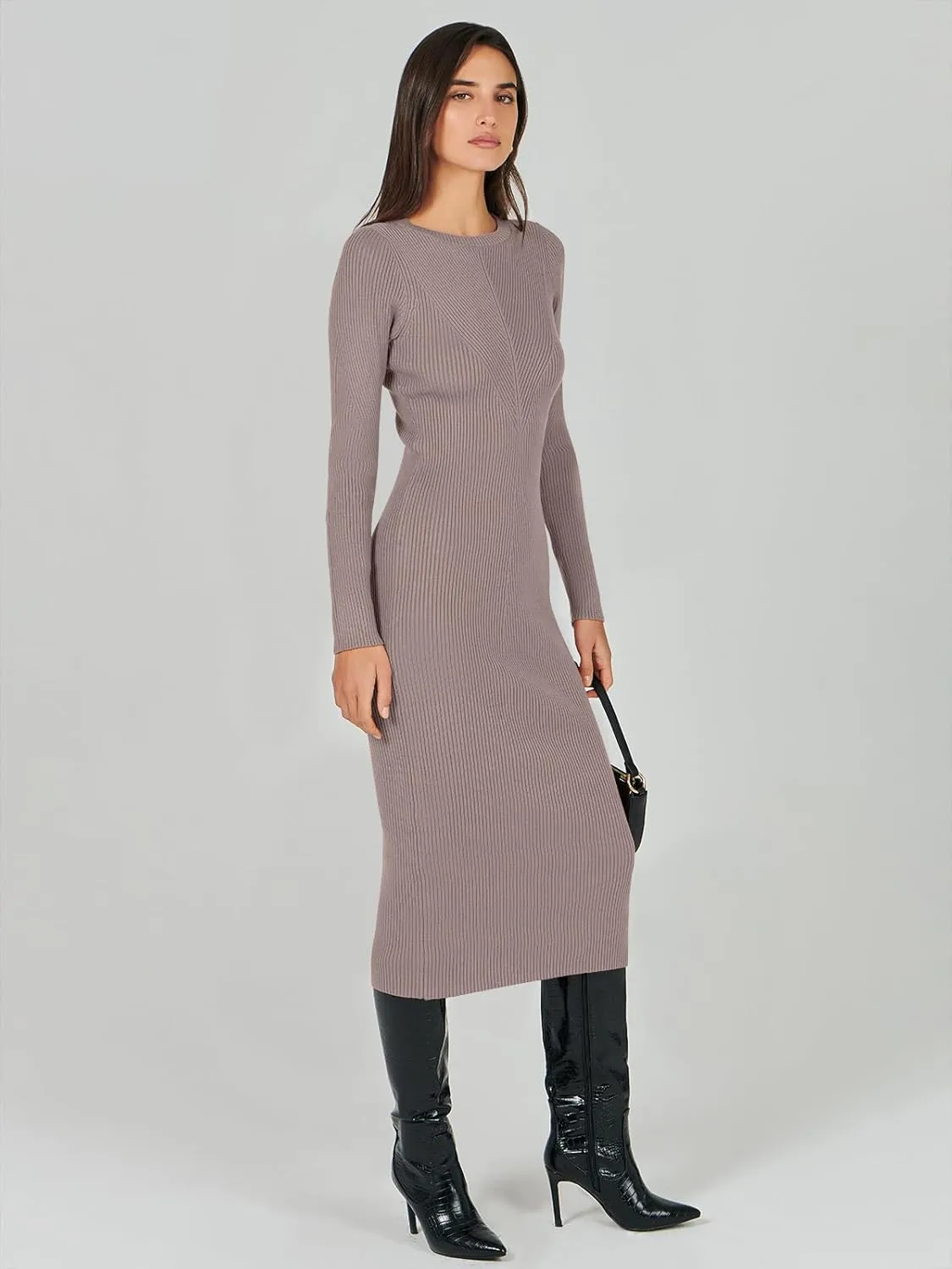 ANRABESS Women Long Sleeve Crewneck Sweater Dress Ribbed Knit Stretch Slim Fit Bodycon Midi Dresses Fall Fashion Outfits