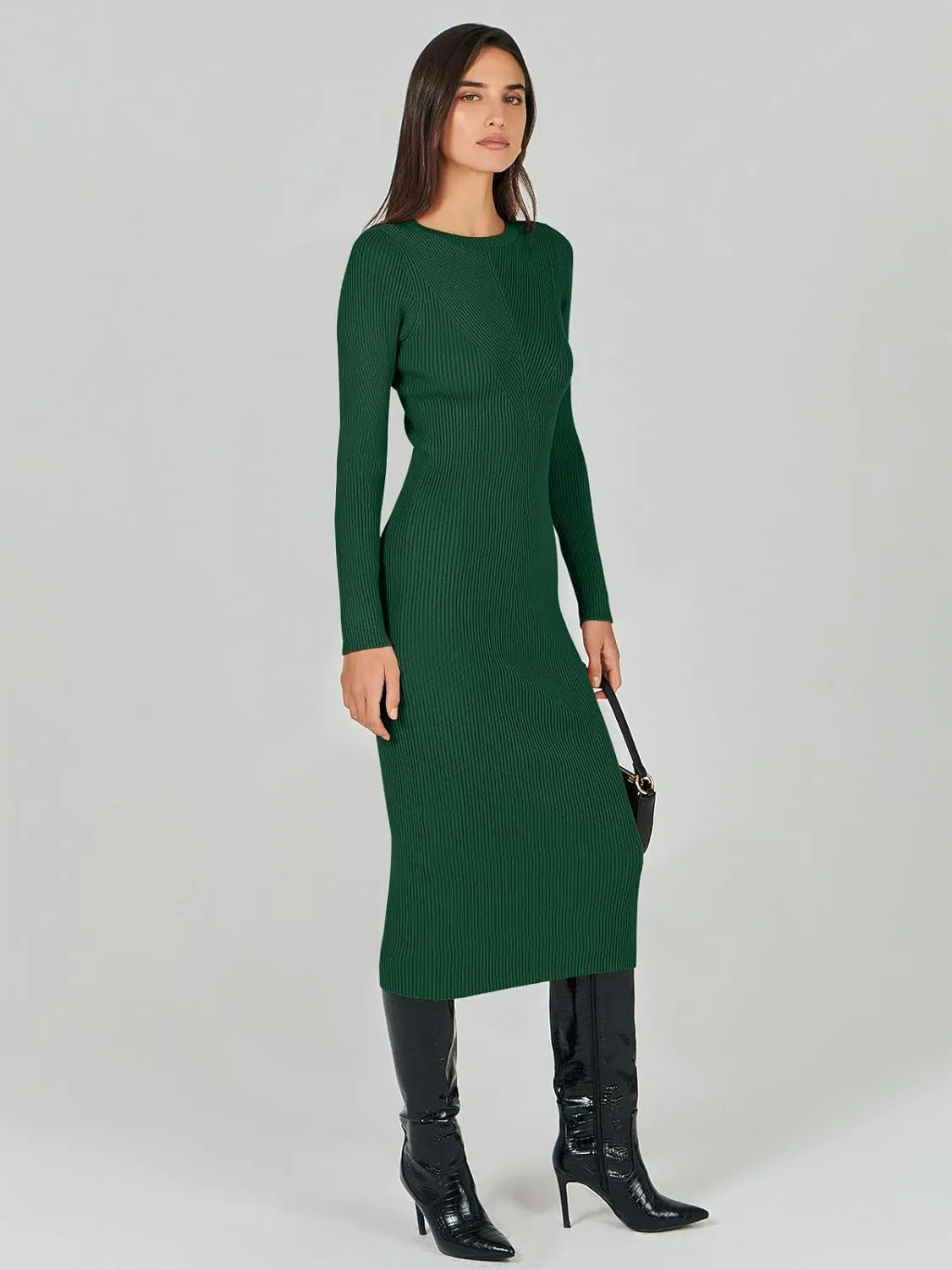 ANRABESS Women Long Sleeve Crewneck Sweater Dress Ribbed Knit Stretch Slim Fit Bodycon Midi Dresses Fall Fashion Outfits