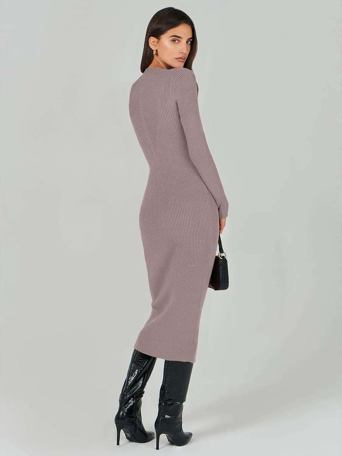 ANRABESS Women Long Sleeve Crewneck Sweater Dress Ribbed Knit Stretch Slim Fit Bodycon Midi Dresses Fall Fashion Outfits
