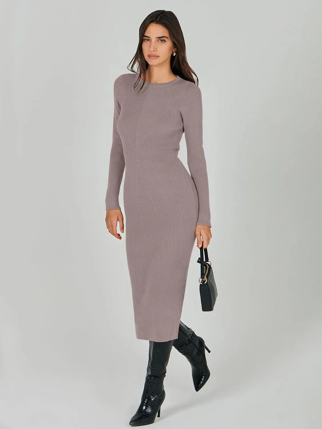 ANRABESS Women Long Sleeve Crewneck Sweater Dress Ribbed Knit Stretch Slim Fit Bodycon Midi Dresses Fall Fashion Outfits