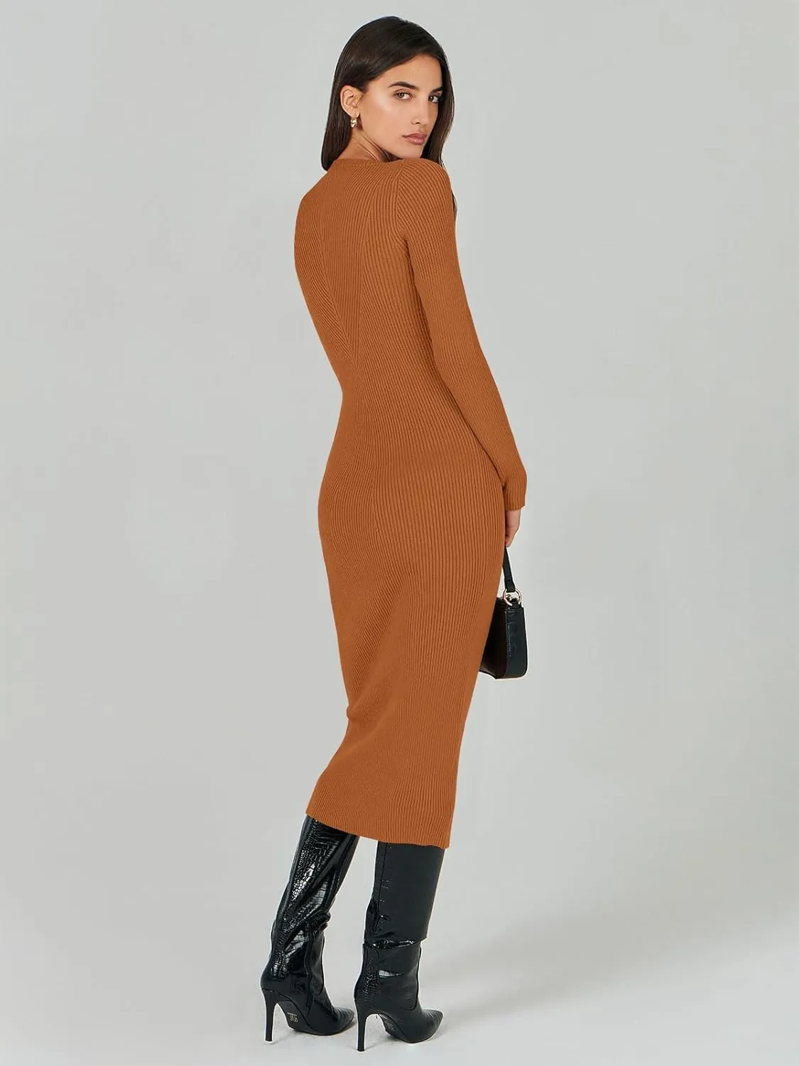 ANRABESS Women Long Sleeve Crewneck Sweater Dress Ribbed Knit Stretch Slim Fit Bodycon Midi Dresses Fall Fashion Outfits