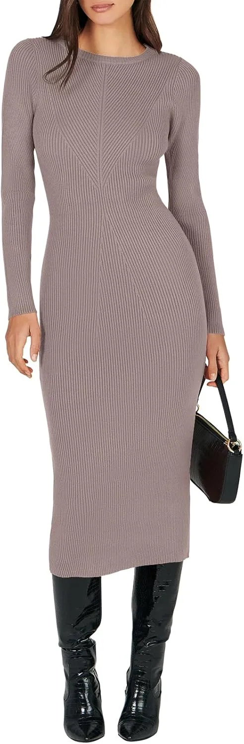 ANRABESS Women Long Sleeve Crewneck Sweater Dress Ribbed Knit Stretch Slim Fit Bodycon Midi Dresses Fall Fashion Outfits