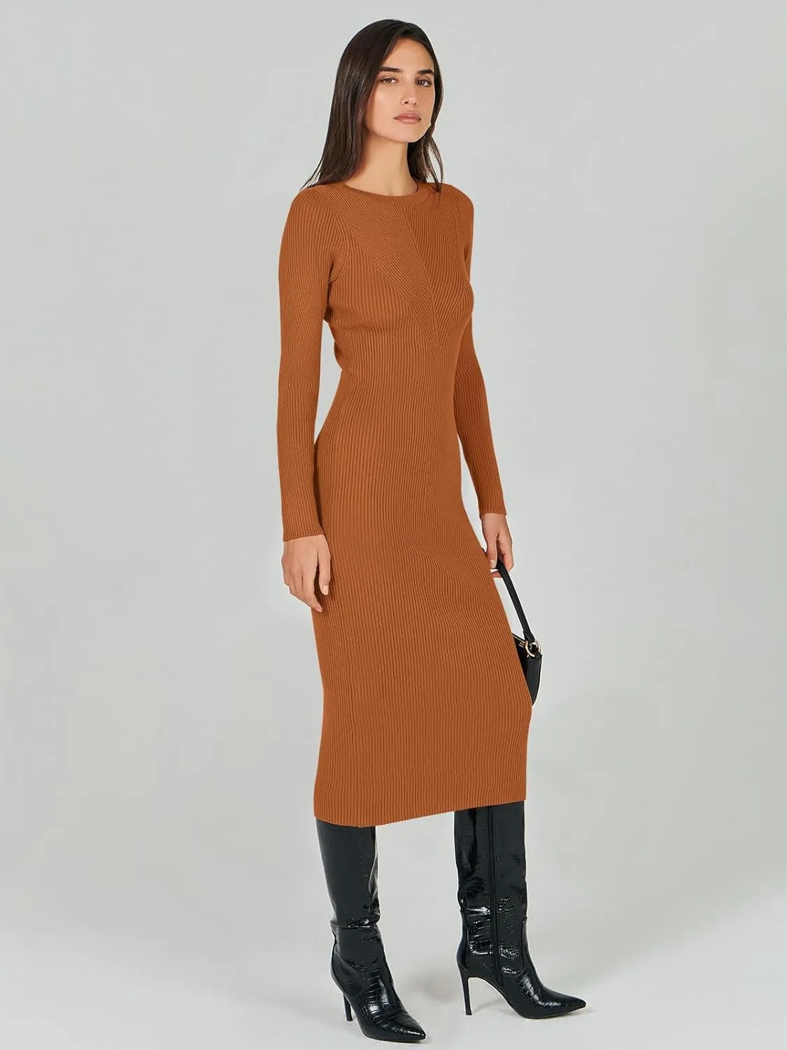 ANRABESS Women Long Sleeve Crewneck Sweater Dress Ribbed Knit Stretch Slim Fit Bodycon Midi Dresses Fall Fashion Outfits