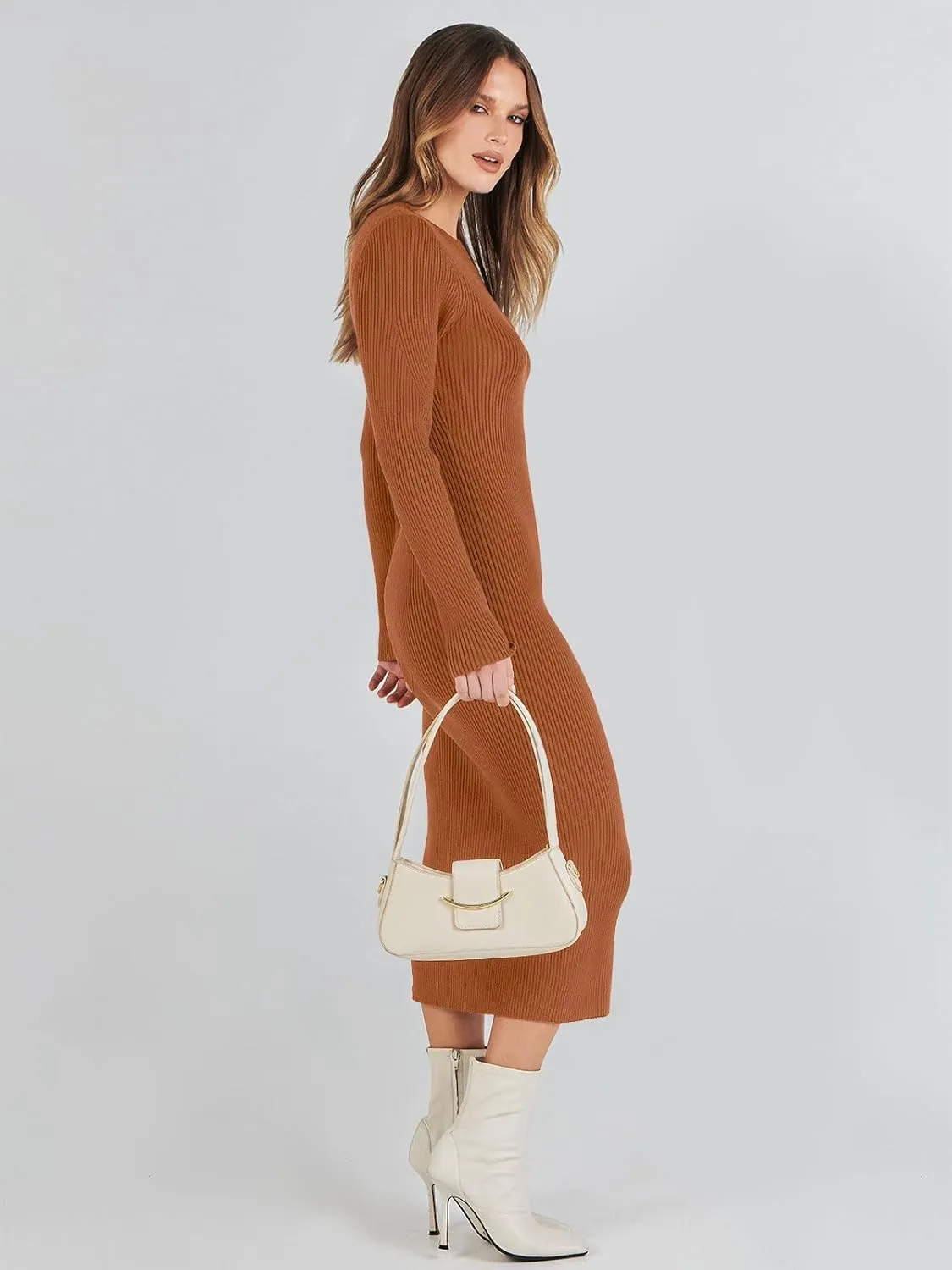 ANRABESS Women Long Sleeve Crewneck Sweater Dress Ribbed Knit Stretch Slim Fit Bodycon Midi Dresses Fall Fashion Outfits