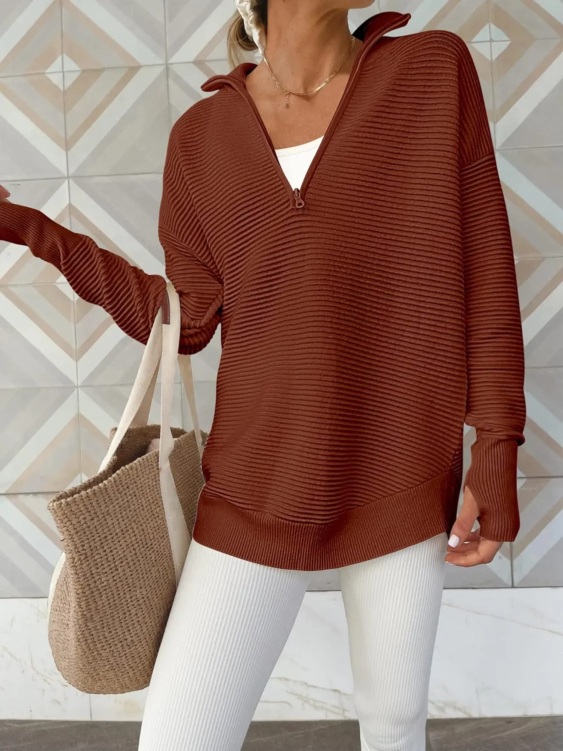 ANRABESS Women's 2025 Fall Long Sleeve Half Zip Casual Oversized Ribbed Knit Pullover Sweater Top Thumb Hole Trendy Outfits