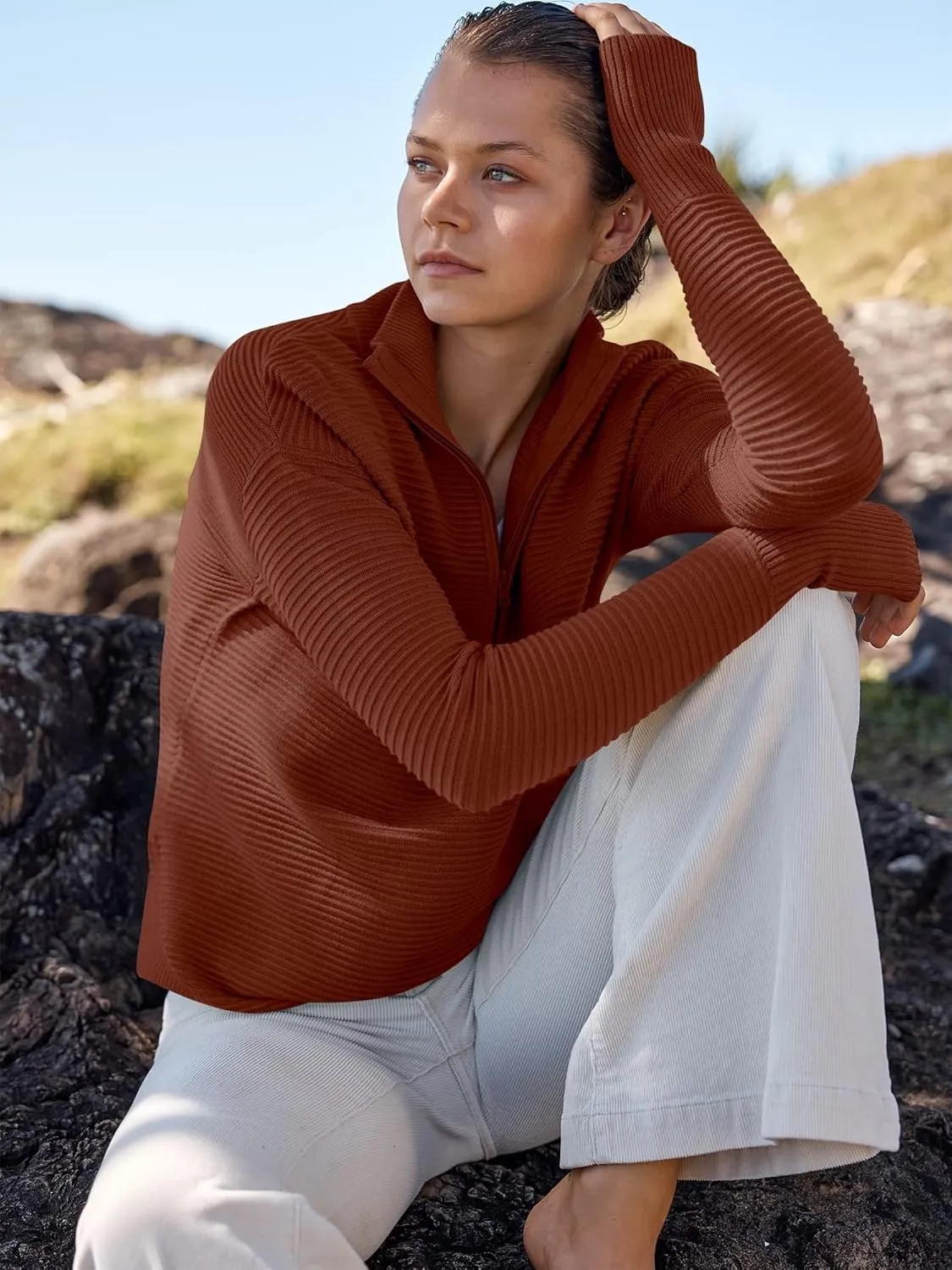 ANRABESS Women's 2025 Fall Long Sleeve Half Zip Casual Oversized Ribbed Knit Pullover Sweater Top Thumb Hole Trendy Outfits