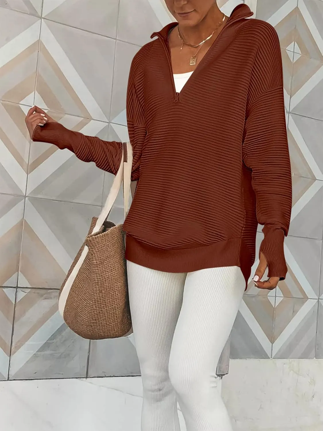 ANRABESS Women's 2025 Fall Long Sleeve Half Zip Casual Oversized Ribbed Knit Pullover Sweater Top Thumb Hole Trendy Outfits