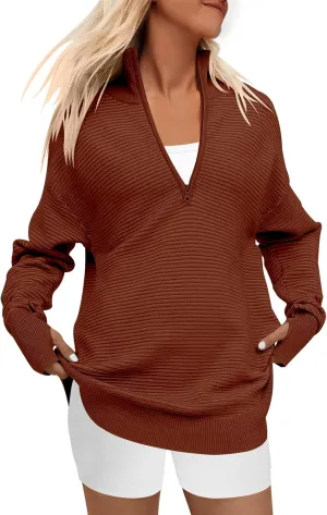 ANRABESS Women's 2025 Fall Long Sleeve Half Zip Casual Oversized Ribbed Knit Pullover Sweater Top Thumb Hole Trendy Outfits