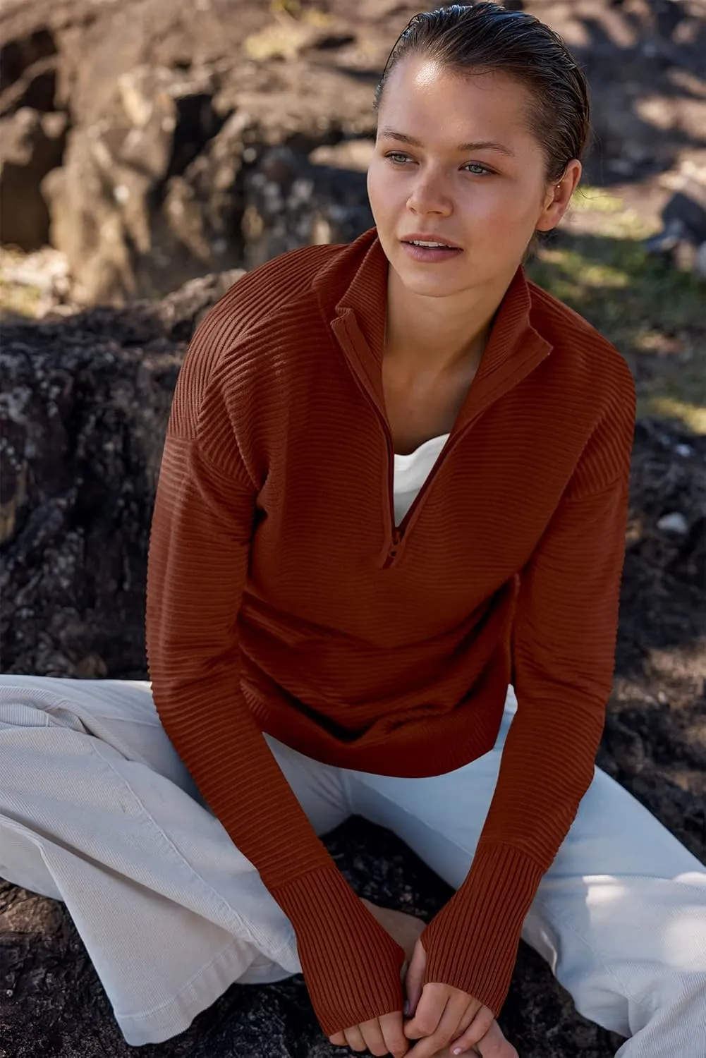 ANRABESS Women's 2025 Fall Long Sleeve Half Zip Casual Oversized Ribbed Knit Pullover Sweater Top Thumb Hole Trendy Outfits